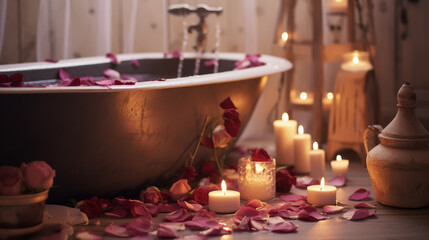 Obraz na płótnie Canvas bath with candles and flowers
