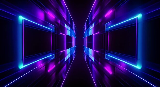 Animation of Purple grids neon glow light lines design on perspective floor, 3d technology abstract neon light background. Abstract flight in retro neon hyper warp space in the tunnel. Video animation