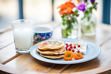 vegan pancakes served with a glass of soy milk