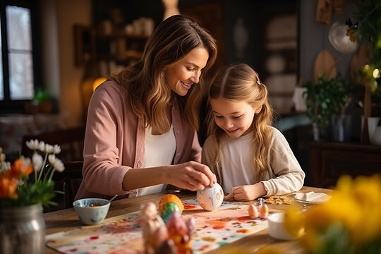 mother and daughter paint eggs together with paint and a brush for Easter