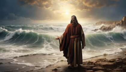 Moses with stretched hands near waters of Red Sea, Crossing the Red Sea - Bible Story. AI generated - obrazy, fototapety, plakaty