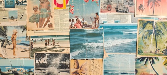 Collage art of vintage summer scenes with beachgoers, palm trees, and ocean waves, evoking nostalgic seaside memories.