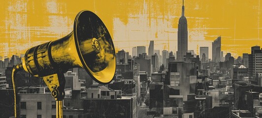 Vintage-inspired graphic illustration of a bold yellow megaphone against a monochromatic cityscape, perfect for urban-themed designs. - obrazy, fototapety, plakaty