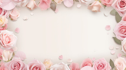 Fototapeta na wymiar Banner with frame made of rose flowers and green leaves on a pink background. Springtime composition with copyspace.