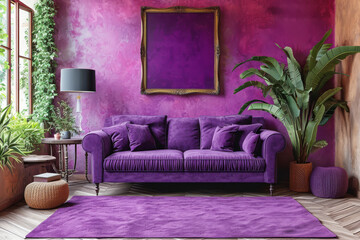 Lavish Purple Living Room with Plush Sofa.
Opulent living room adorned with a purple sofa and lush green plants, reflecting luxury and comfort.
