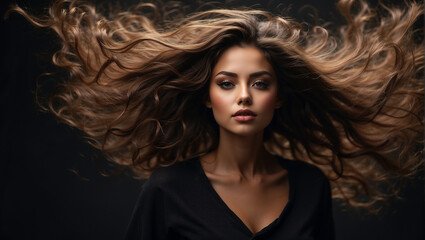 studio portrait of beautiful woman with flying hair