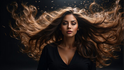 studio portrait of beautiful woman with flying hair
