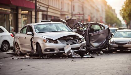 Fototapeta na wymiar Car crash accident on main street. AI generated