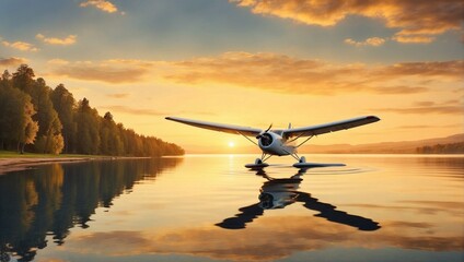 A glider plane soaring silently over a serene lake, reflecting the golden hues of the setting sun Generative AI 