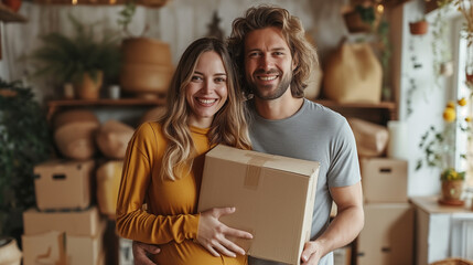 Couple, man and woman, pregnant woman First day of moving into the house background of many large boxes