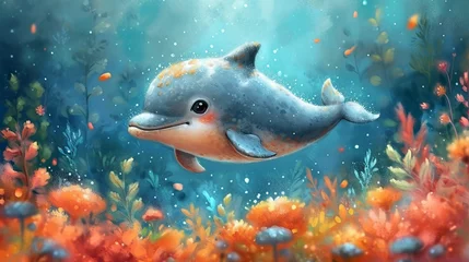 Zelfklevend Fotobehang printed illustration of the cute behavior of a baby dolphin © Adja Atmaja