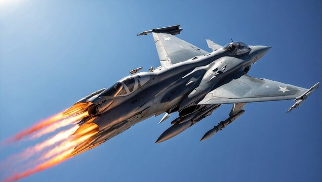 A military fighter jet executing a high-speed maneuver, with afterburners glowing, against a clear blue sky Generative AI