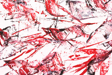 Red and black abstract background, art collage. Chaotic brush strokes and paint stains on white paper