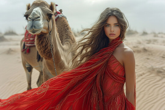 Pretty woman with long hair in red dress next to camel in desert. Mujer bonita con pelo largo vestido rojo junto a camello en el desierto.