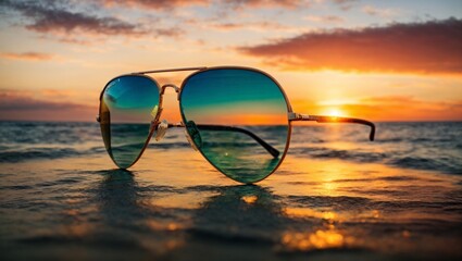 Fototapeta na wymiar Aviator sunglasses reflecting a vibrant sunset over the ocean horizon Generative AI