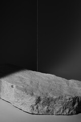 Flat stone pedestal, black and white template, banner background. Minimalism concept, empty podium display product, presentation scene.