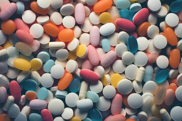 Various multicolored pharmaceutical tablets and capsules background
