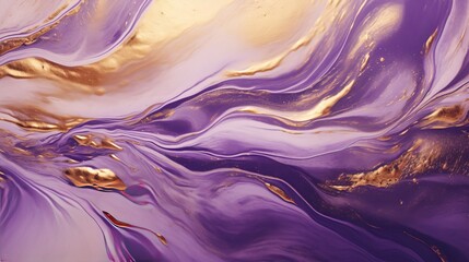 Captivating macro fusion: swirling gold metallic paint and deep lavender liquid create mesmerizing...