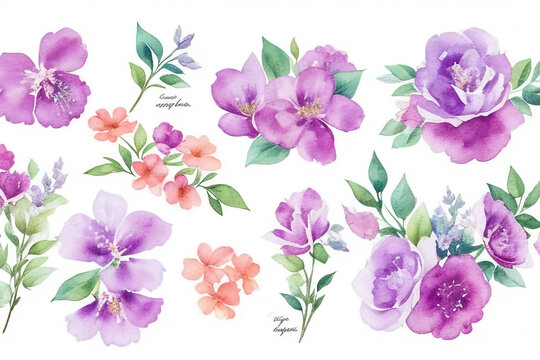 Elegant floral set. Colorful purple floral collection with leaves and flowers,drawing watercolor. Colorful floral collection with flowers beautiful bouquet. Set of floral elements for your composition