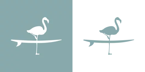 Fototapeten Logo club de surf. Silueta de flamingo de pie sobre tabla de surf  © teracreonte