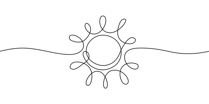 One line sun sketch. Continuous doodle art drawing, shining linear sunny icon isolated. Editable stroke