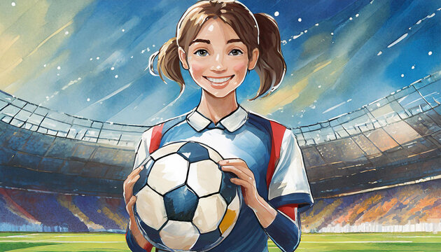 young soccer player girl with ball, art design