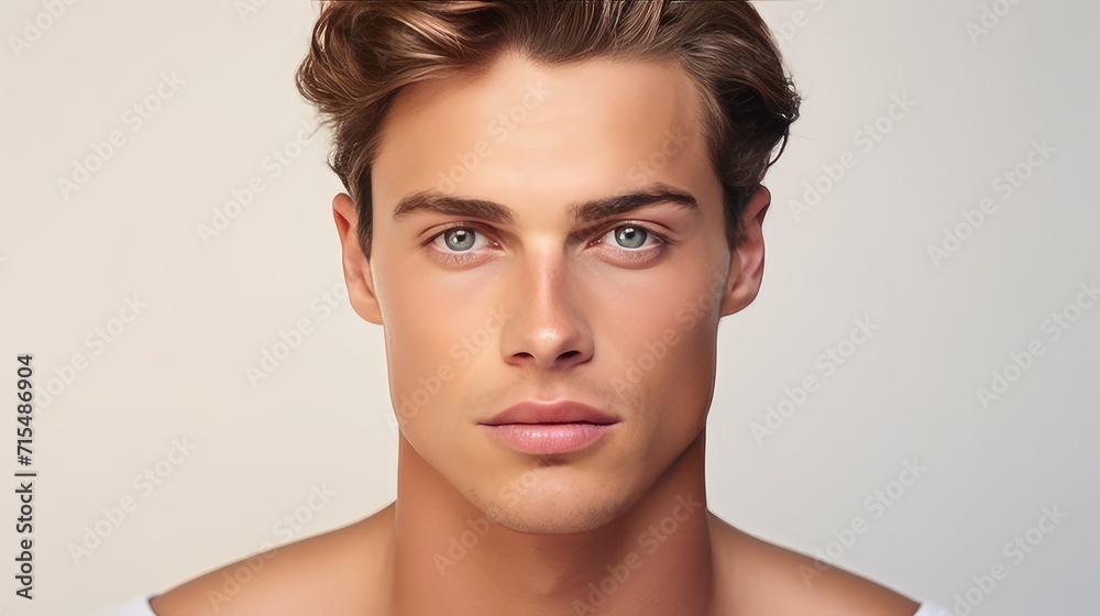 Wall mural Portrait of a handsome elegant sexy Caucasian man with perfect skin, on a gray background, close-up.