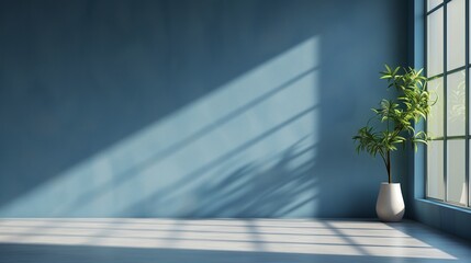 Fototapeta premium Plant against a blue wall mockup. Turquoise blue wall. Light coming down from the window. Generative AI