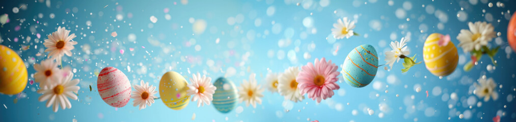 Easter composition with Painted Easter eggs and spring flowers appear flying or suspended in mid-air against a bright blue backdrop, line composition. Easter card with copy space