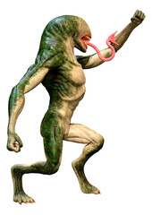 3D Rendering Green Alien on White