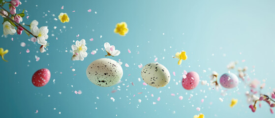 Fototapeta na wymiar Easter composition with Painted Easter eggs and spring flowers appear flying or suspended in mid-air against a bright blue backdrop, line composition. Easter card with copy space