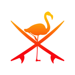 Fototapeten Logo club de surf. Silueta de flamingo de pie sobre tablas de surf cruzadas © teracreonte