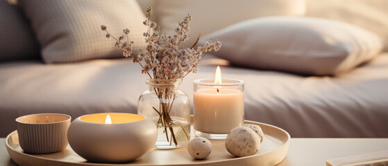Candles and minimalist decor. Home interior in boho style, living room in pastel beige colors. Place to relax and read.
