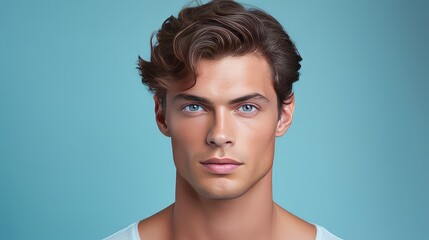 Portrait of a handsome elegant sexy Caucasian man with perfect skin, on a light blue background, close-up.