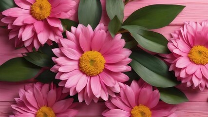 Colorful flowers on pink wooden background