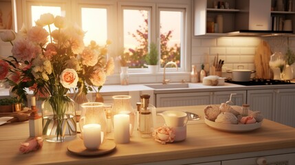 Fototapeta premium A harmonious kitchen space with candles and fresh flowers as accents, creating an inviting atmosphere for cooking and gatherings - Generative AI
