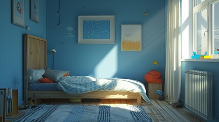 Blue children’s bedroom. Interior of modern children’s room. Generative AI