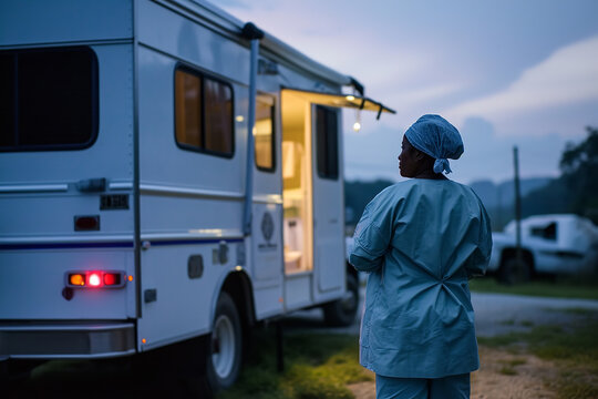A mobile health unit delivering outreach healthcare services to marginalized and underserved populations - striving for health equity and medical assistance.