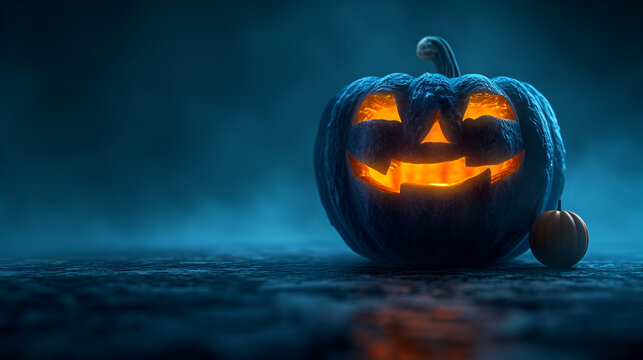 A halloween lit Jack O Lantern in a spotlight glow on a wide dark blue background. generative ai