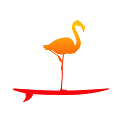 Logo club de surf. Silueta de flamingo de pie en tabla de surf	