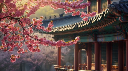 Traditional Korean style ancient architecture building, Seoul Korea. Double cherry blossom.  Generative AI