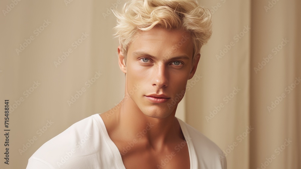 Canvas Prints Portrait of a handsome elegant sexy Caucasian blond man with blond hair with perfect skin, on a beige cream background, close-up.