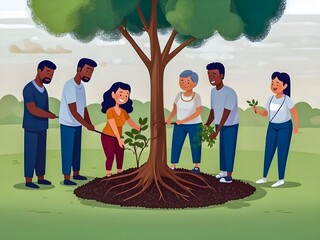 A group of people diligently planting a tree in a green, eco-conscious scene.
