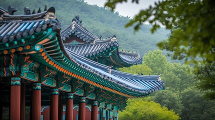 Traditional Korean style ancient architecture building. A traditional Korean tile building with a view of mountains and trees. Generative AI