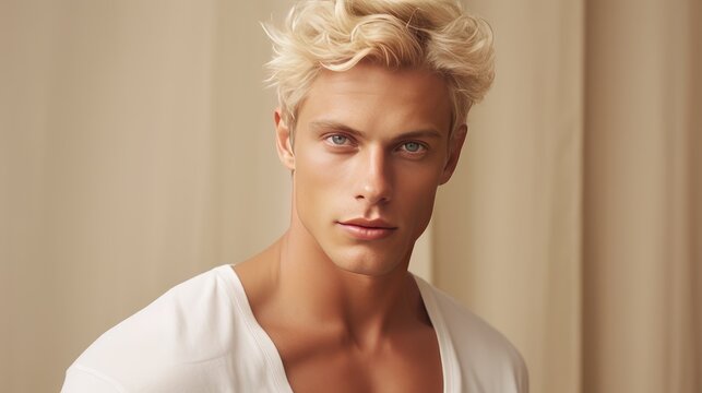 Portrait of a handsome elegant sexy Caucasian blond man with blond hair with perfect skin, on a beige cream background, close-up.