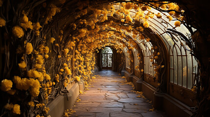 Fototapeta na wymiar The romantic tunnel of yellow flower trees