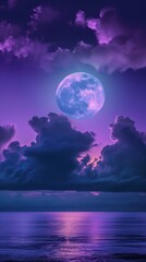 Fototapeta na wymiar Full moon in purple and dark blue sky. Purple clouds and sky background. Generative AI
