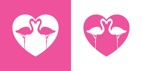 Silueta de dos flamingos de pie en corazón espacio negativo. Icono romántico. Logo para su uso en felicitaciones y tarjetas de San Valentín