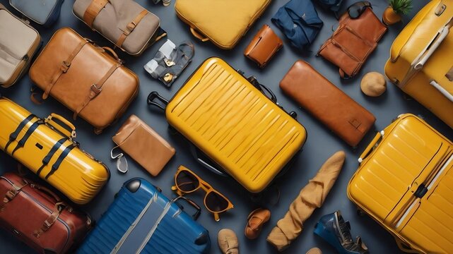 Flat lay yellow luggage with copy-space