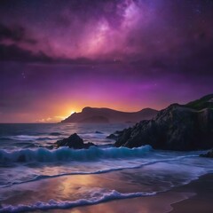 Fototapeta na wymiar Breathtaking shot of the sea under a dark and purple sky filled with stars